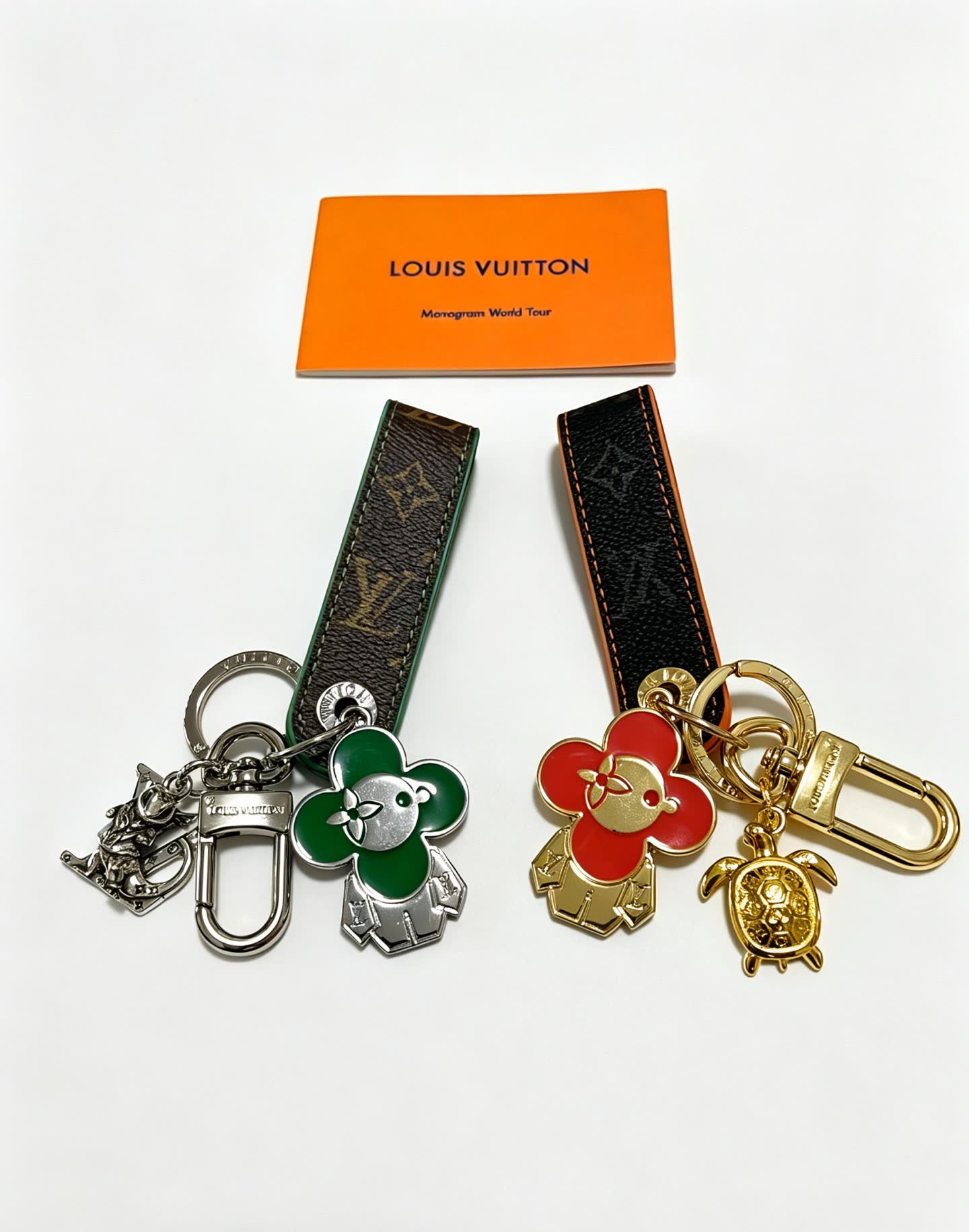 Louis Vuitton Leather Keychain with Flower and Turtle Charm